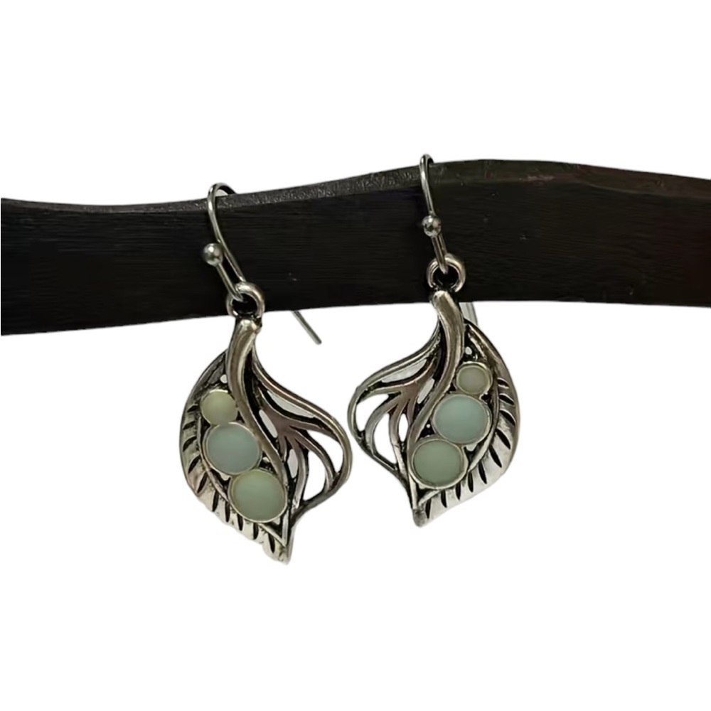 Inlaid Moonstone Leaf Design Drop Earrings